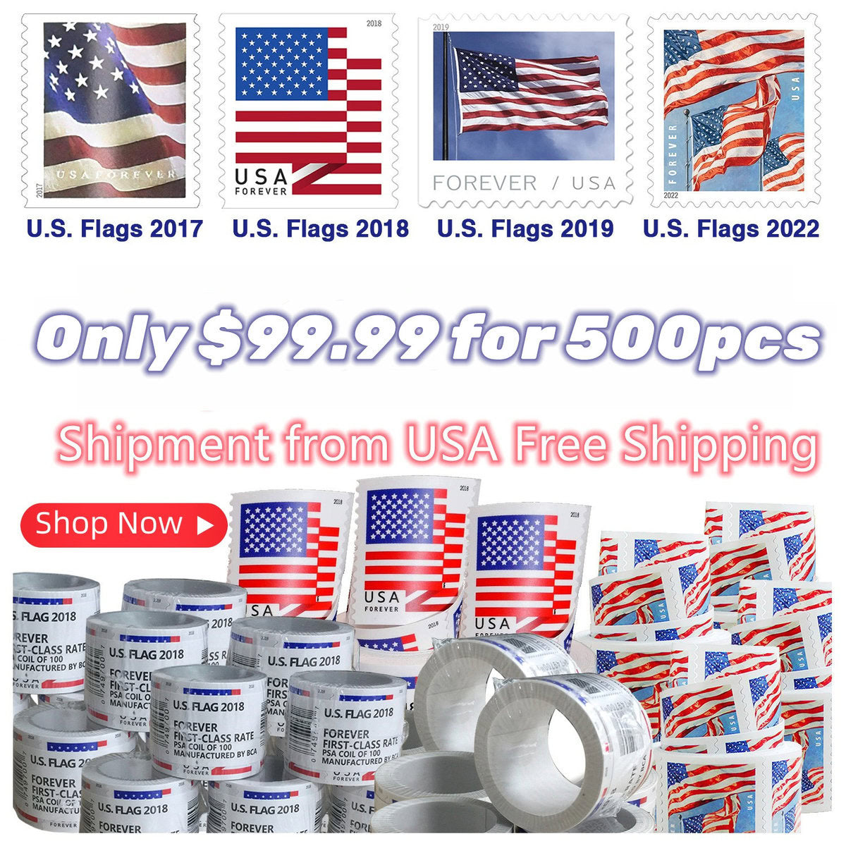 Limited Time Deal: $89.99 for 5 Rolls(500 Forever Stamps) - 2017/2018/2019/2022 Flag image 1