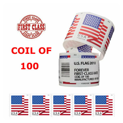 Highly Recommended: $149 for 10 Rolls(1000pcs) - 2017/2018/2019/2022 Flag - 10 Rolls of 2018 Flag=1000 Stamps image